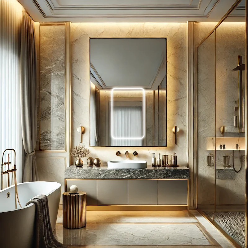 A large mirror, and gold accents, reflecting a high-end, sophisticated design.