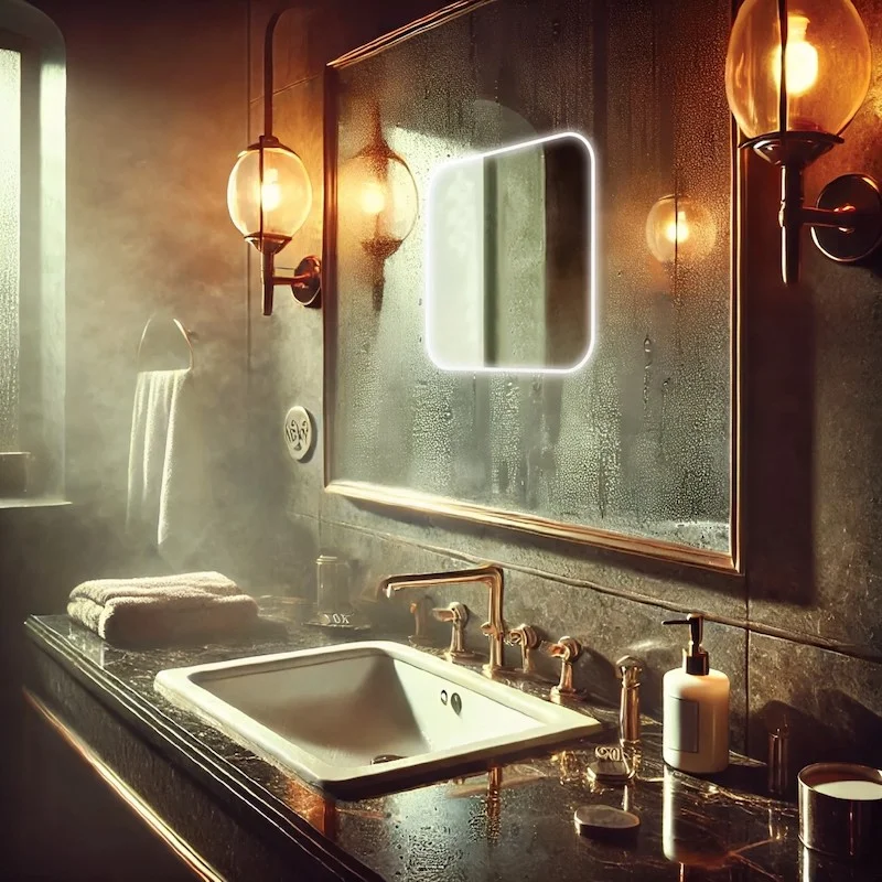 Bathroom with a sink and mirror illuminated by overhead light, emphasizing cleanliness.