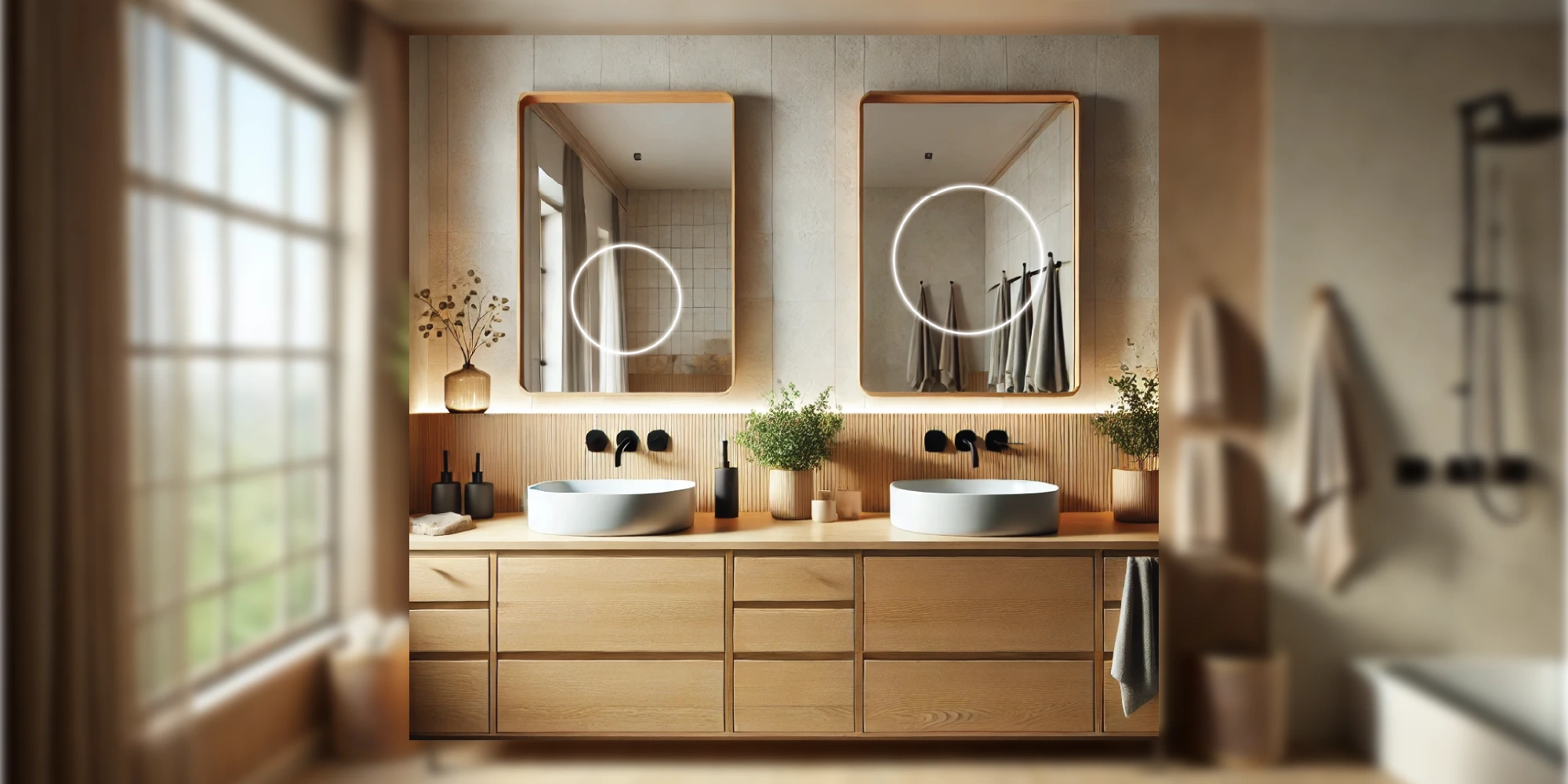 Clean bathroom with a mirror above a modern sink, reflecting a bright and inviting atmosphere.