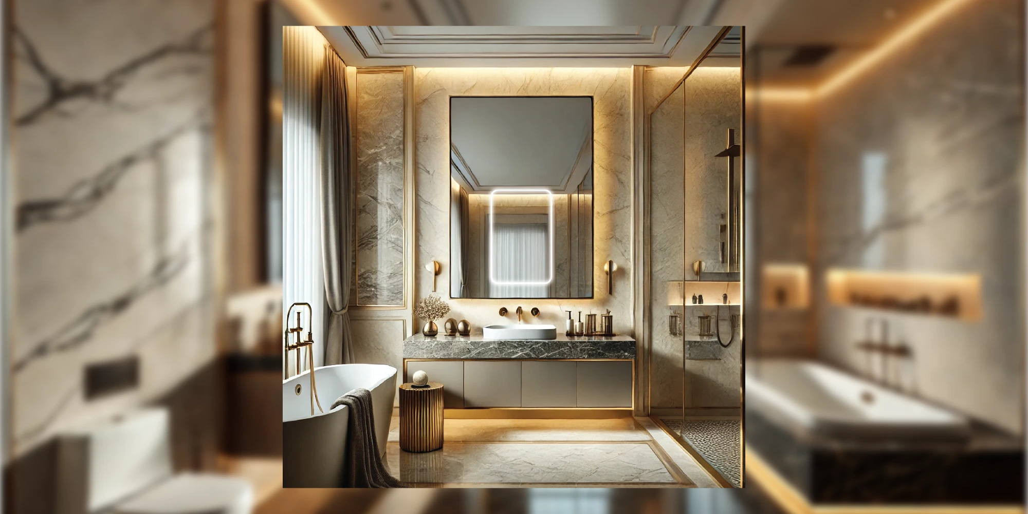 Modern bathroom with a mirror framed by bulbs, providing ample light and a sleek aesthetic.