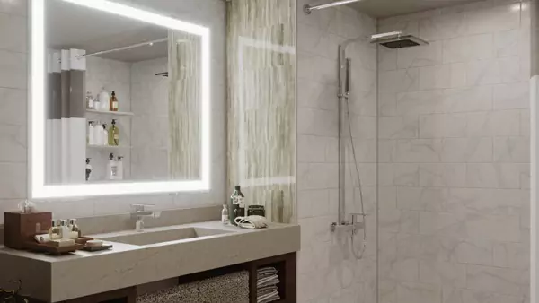 Light-framed mirror with a simple white single sink and bathroom products