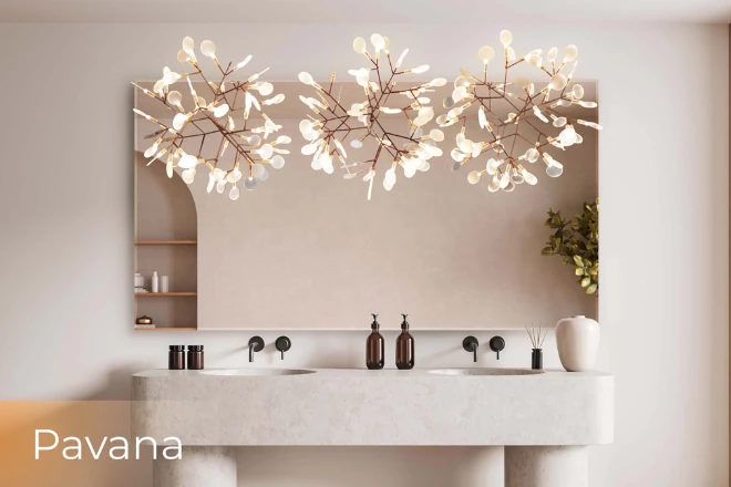 Simple yet elegant bathroom sink with a perfect-fit mirror and a pavana lamp set on a wall.