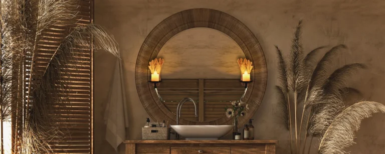 Wooden lighted mirror above a white washbowl and a basket of bathroom essentials.