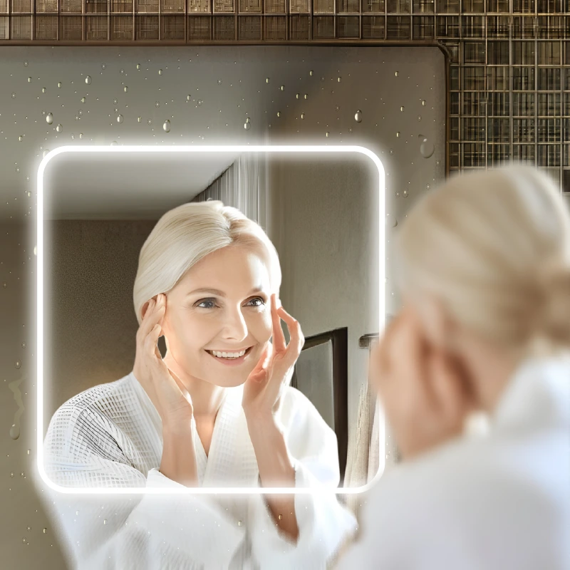 A woman smiles joyfully as she gazes into a mirror, reflecting her happiness and self-acceptance.