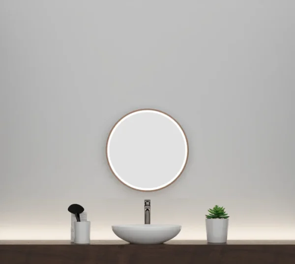 A round-shaped cool light mirror with a 23.5x23.5 diameter bronze frame.