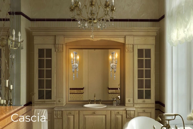 Crystal chandelier in a luxurious washroom with a Cascia lamp in a custom mirror.