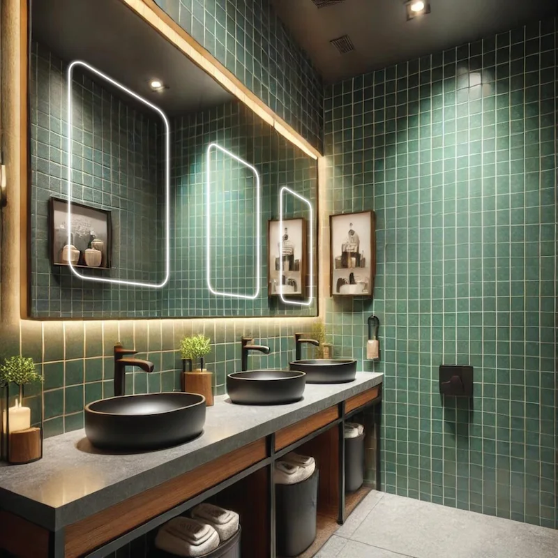 Bathroom with green tiles, a lit mirror, and sleek black sink, creating a modern atmosphere.