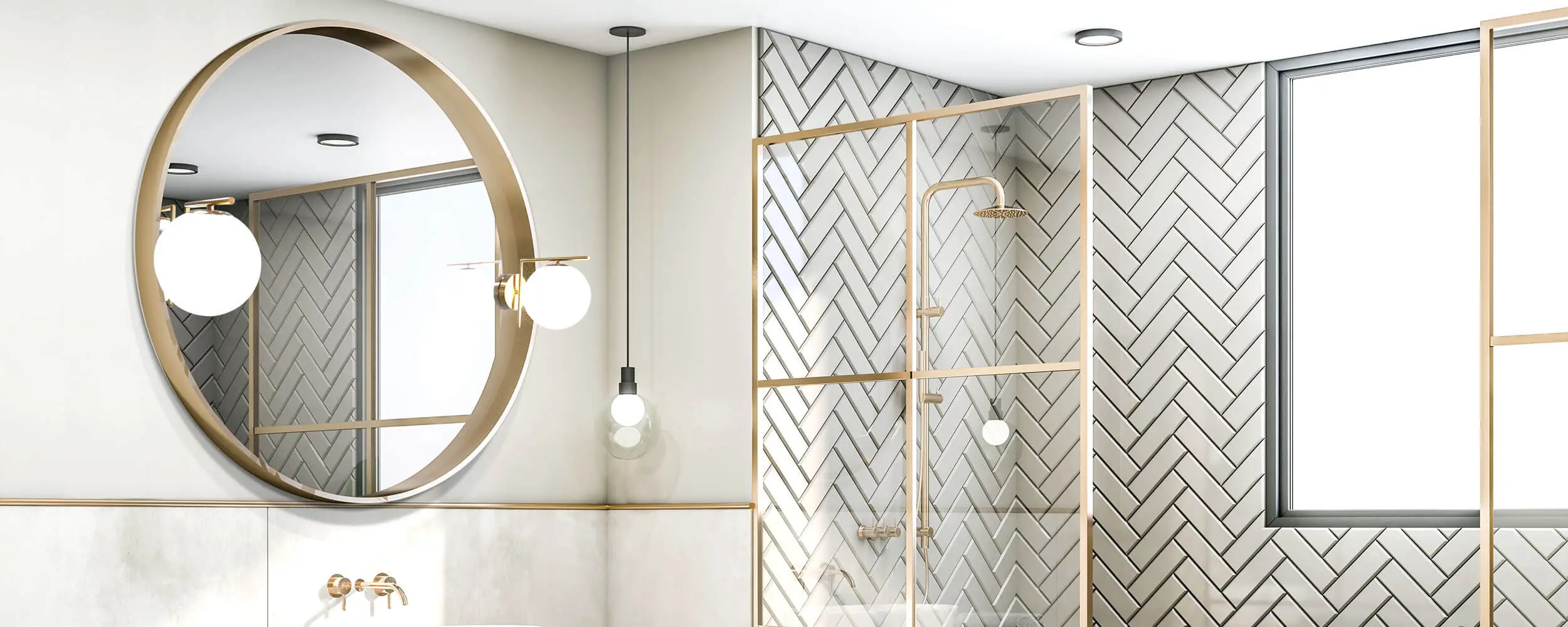 An exquisite shower room with a Moglia bulb in a circular mirror and a pendant lamp on the side.