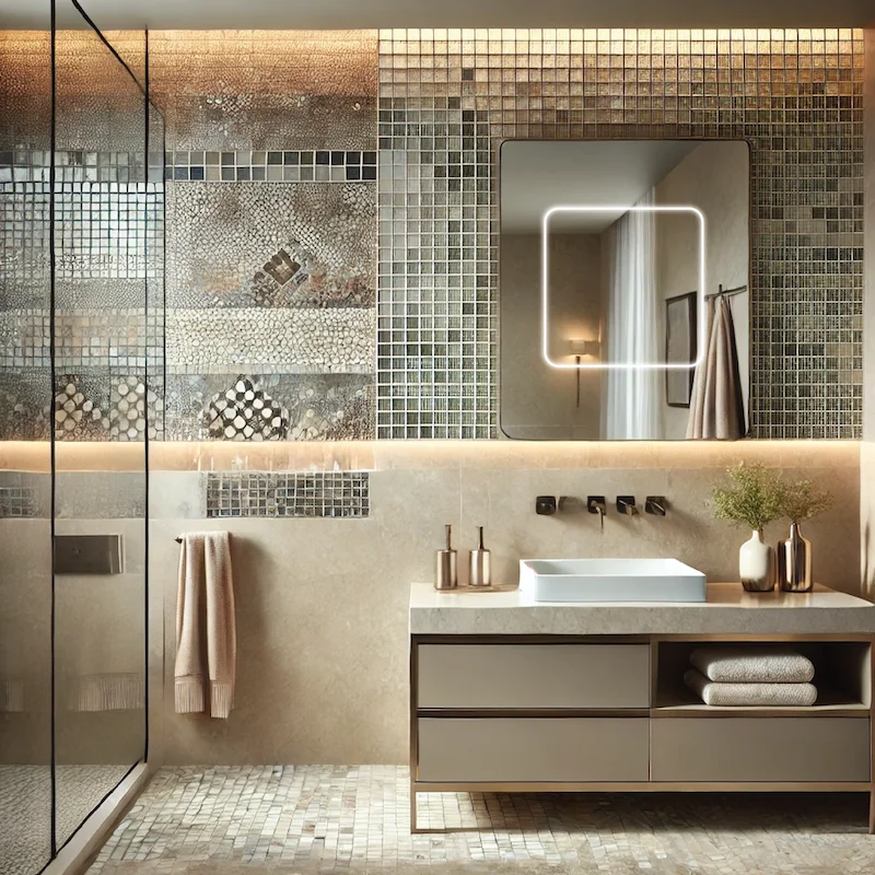 Modern bathroom with a shower, lighted mirror, offering a clean and stylish aesthetic.