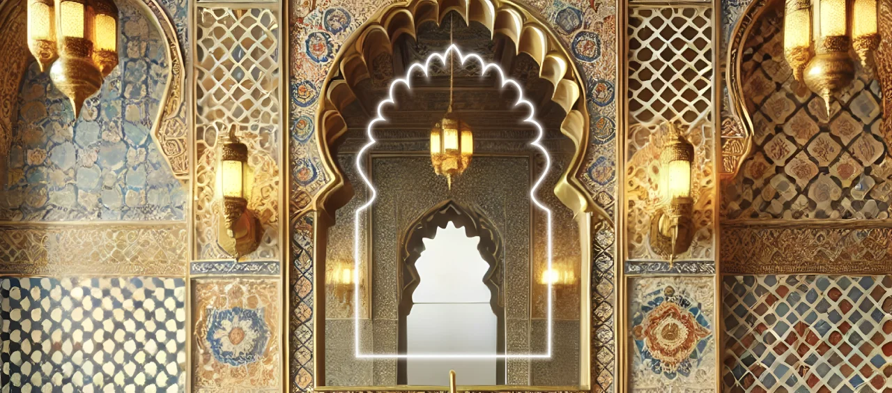 Beautiful mirror with ornate patterns, softly illuminated for an elegant and stylish look.