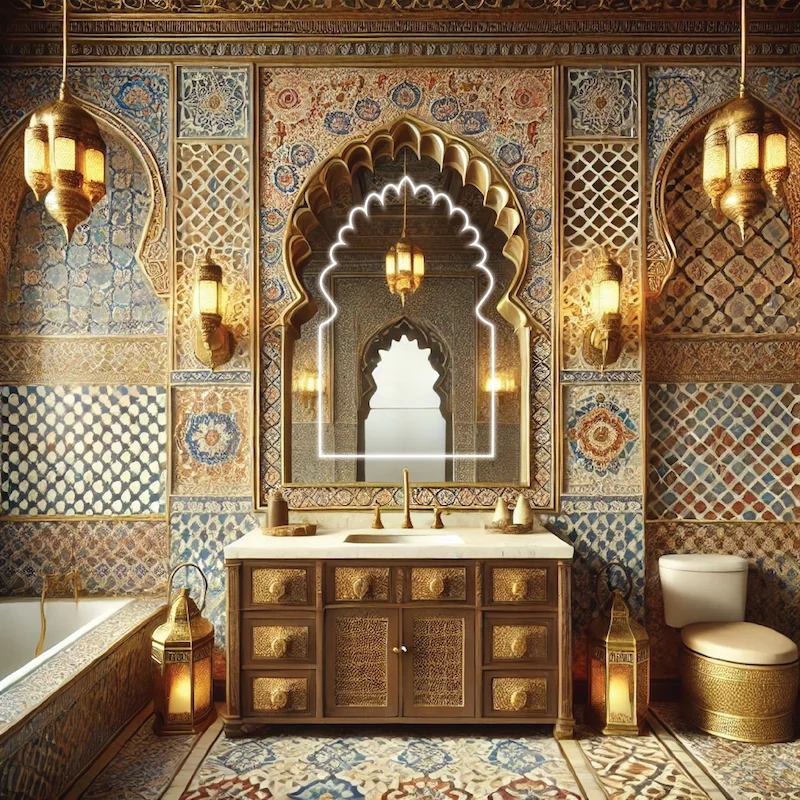 Luxurious bathroom with tile walls, a lighted mirror, intricate designs, and elegant gold accents.