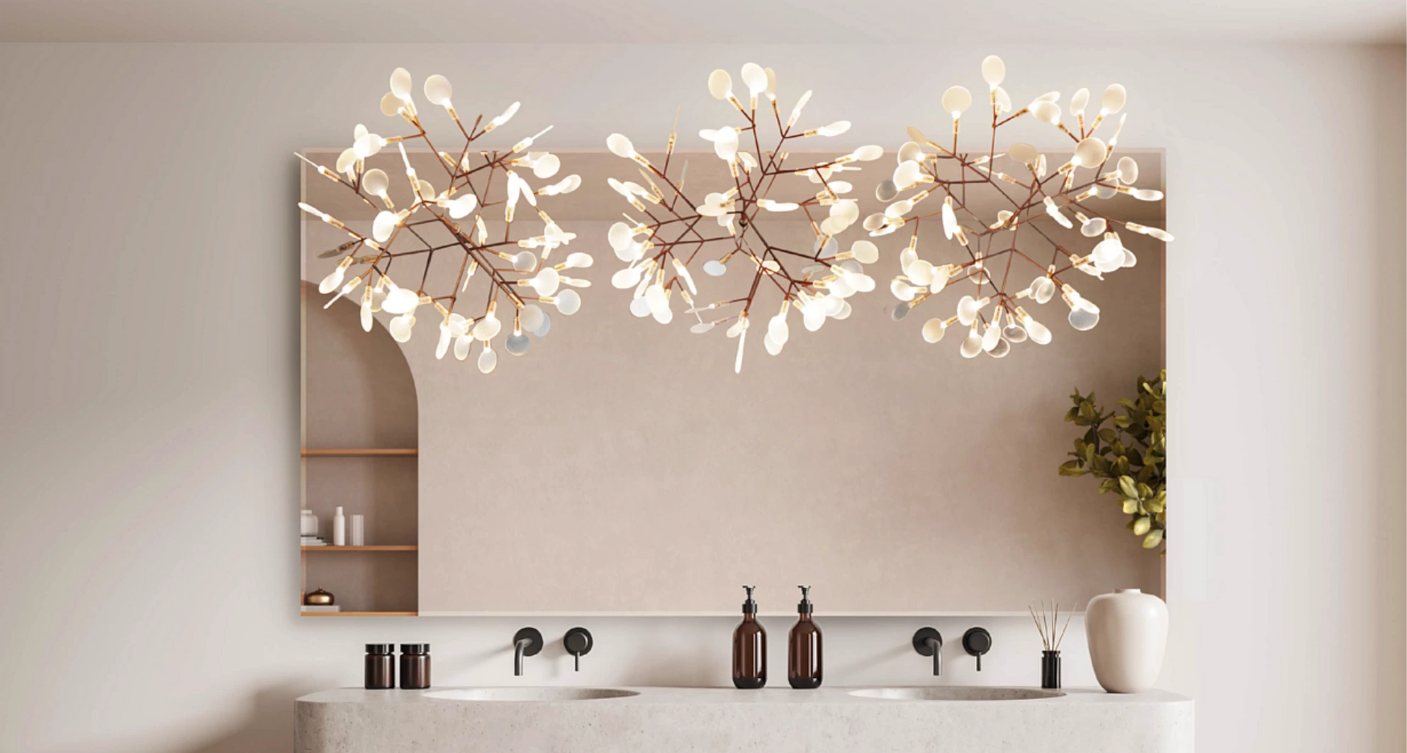 Custom lighted mirror in elegant bathroom with artistic ceiling lights, double sinks, and minimal modern decor.