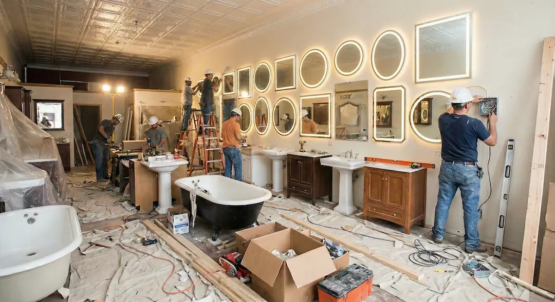 A clean bathroom featuring a modern sink and a large mirror reflecting the bright, well-lit space.