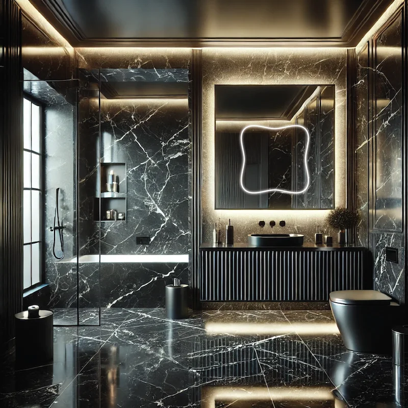 Upscale bathroom with black wall, a lighted mirror, and flooring, highlighting a refined aesthetic.