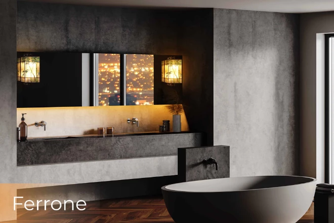 Minimalist and dark-themed bathroom with a perfect mirror together with its ferrone lamp.