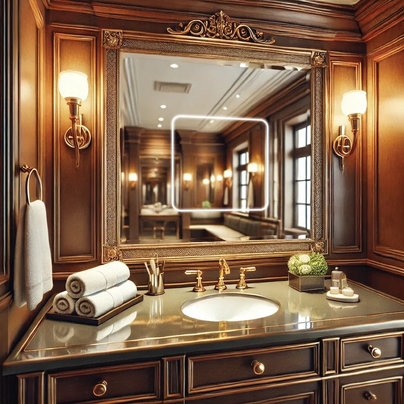 Bathroom with elegant wooden cabinets and a large mirror, creating a warm, inviting atmosphere