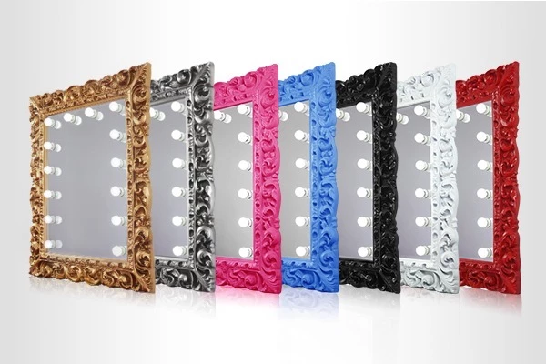 Mirrors with LED bulb in different color of baroque frame.