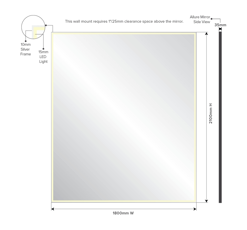 Drawing of light-framed mirror with dimension.