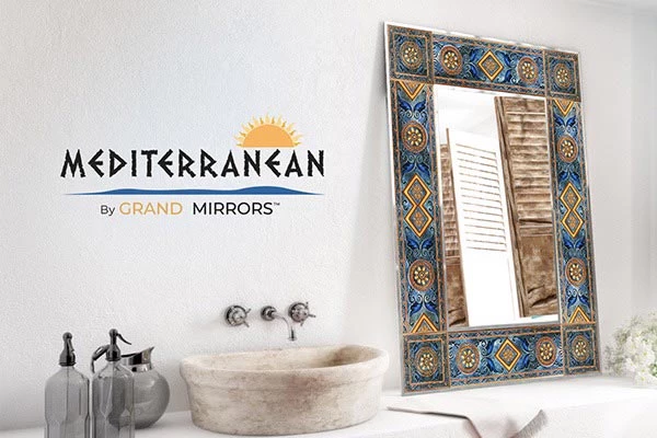 Mediterranean Grand Mirrors with a single washbowl and empty block bottles.