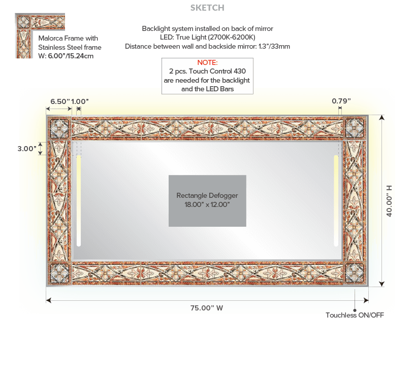 Malorca framed backlighted mirror with its specifications and dimensions.