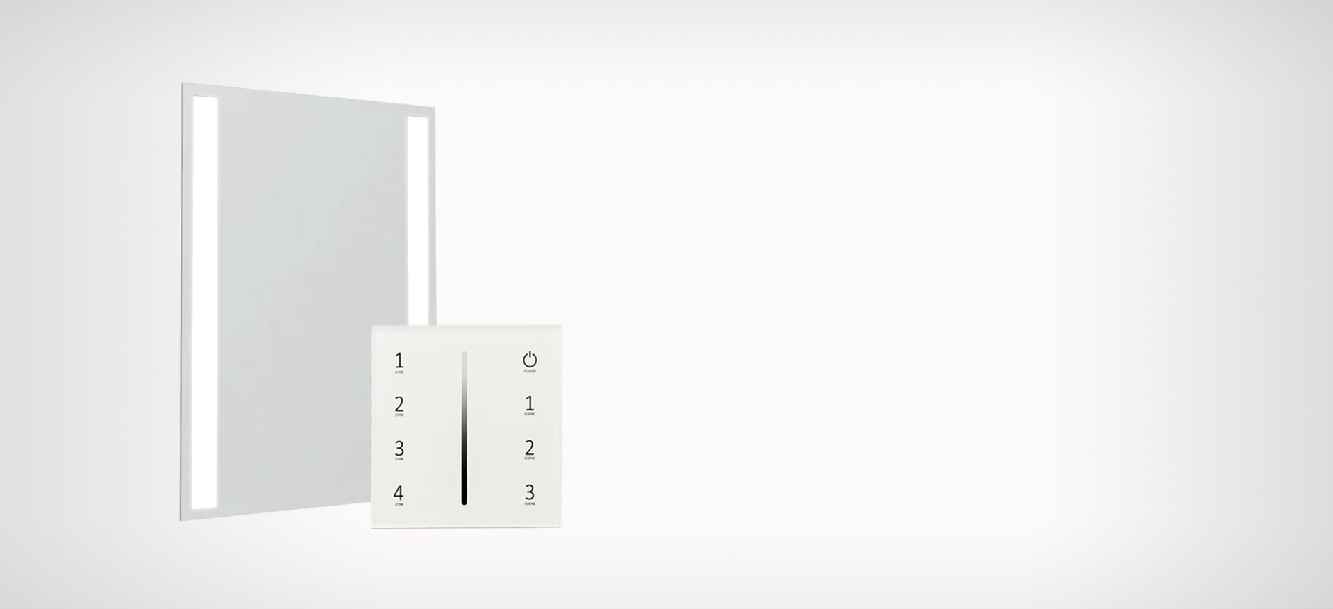 A white illuminated mirror with a light switch control.