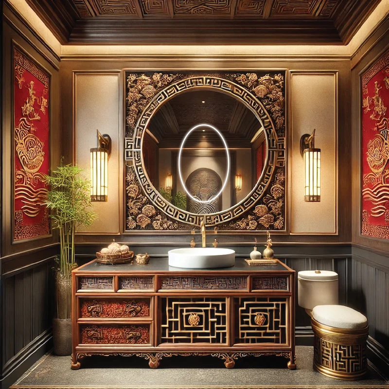 Oriental-style vanity and lit-mirror enhance the aesthetic of this beautifully designed bathroom.