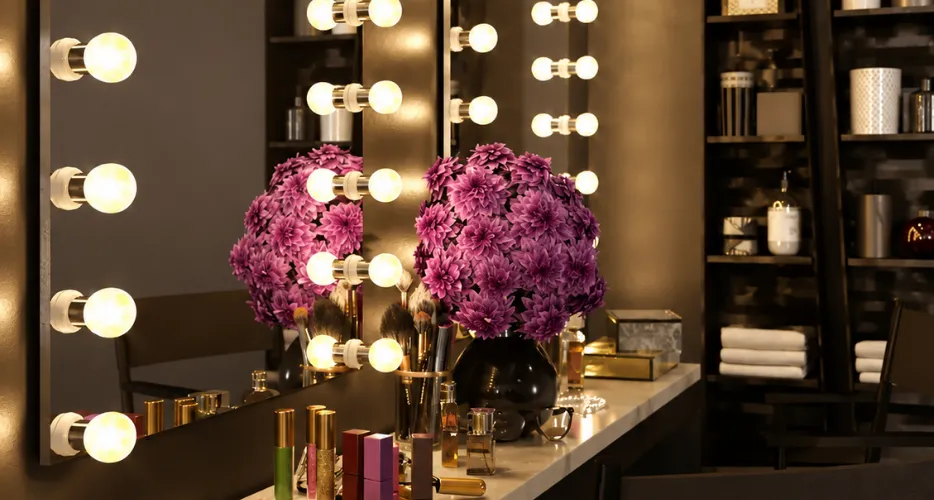Custom lighted mirror with marble frame in modern bathroom featuring marble walls, gold fixtures, and elegant lighting.