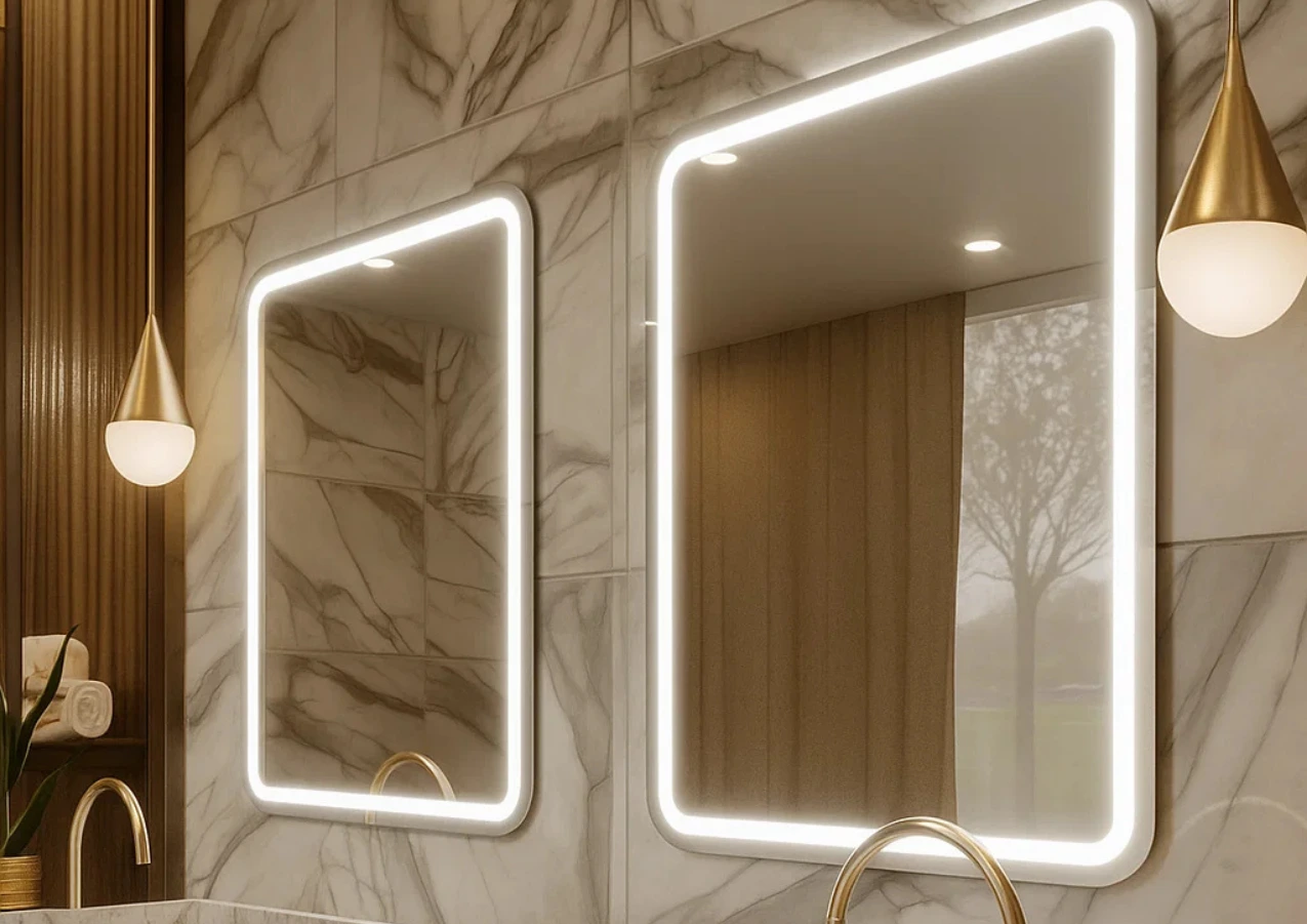 Custom lighted mirror with LED frame in modern bathroom featuring marble walls, gold fixtures, and elegant lighting.