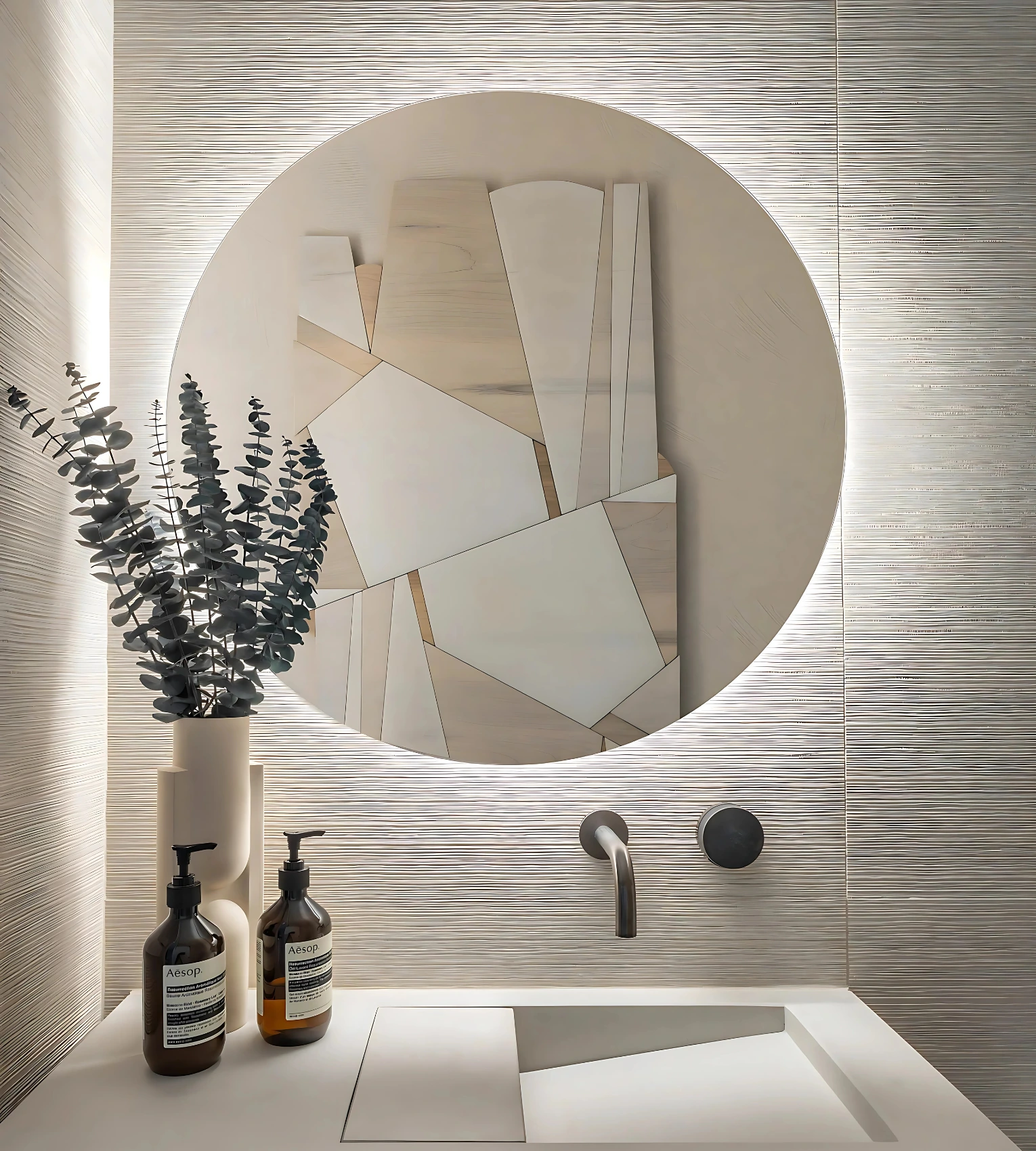 Round custom lighted mirror above modern sink with wall-mounted faucet, minimalist decor, and neutral-toned bathroom style.