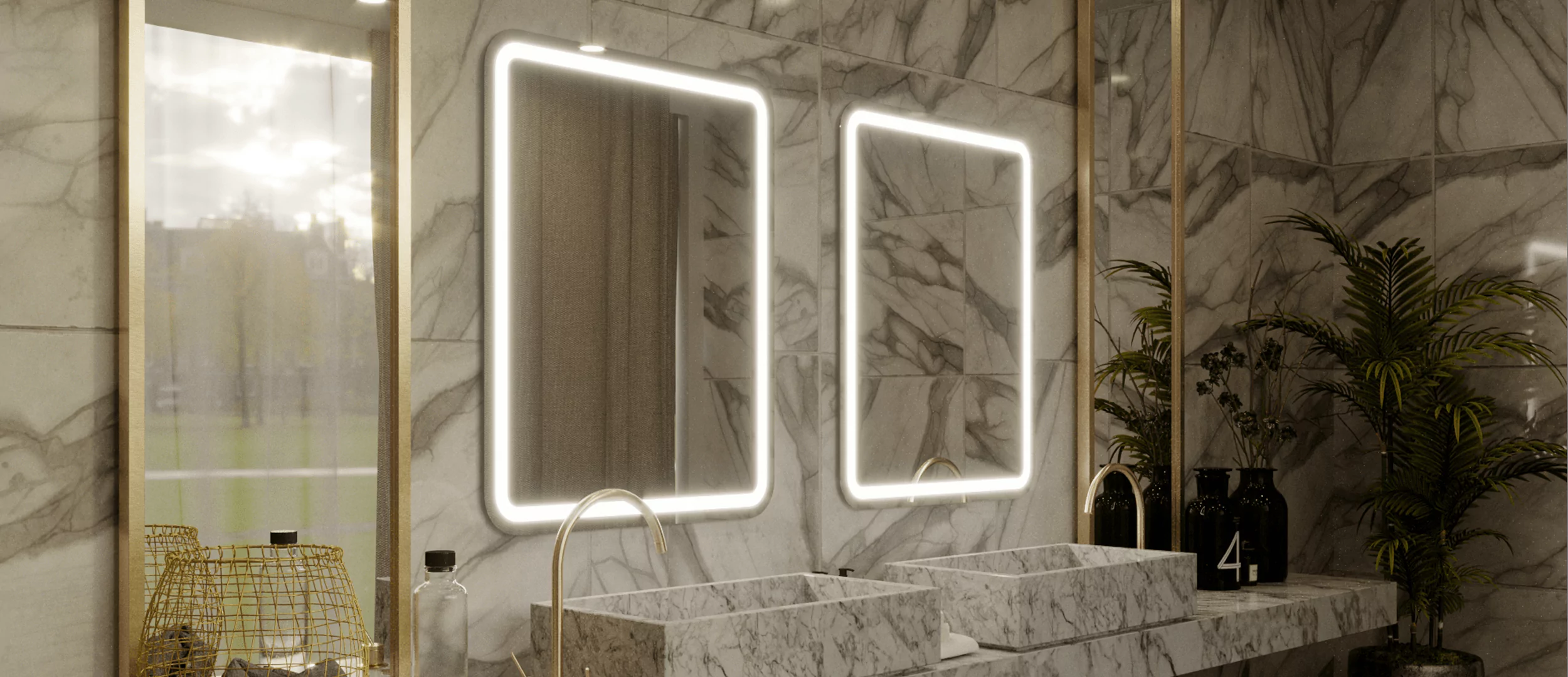 Two wall-mounted lighted mirrors in a washroom above its elegant sink.