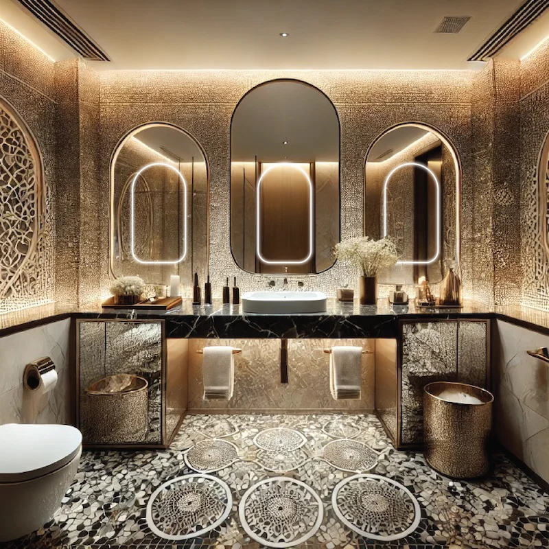 A bathroom with marble flooring, a large mirror, and elegant gold accents throughout the space.