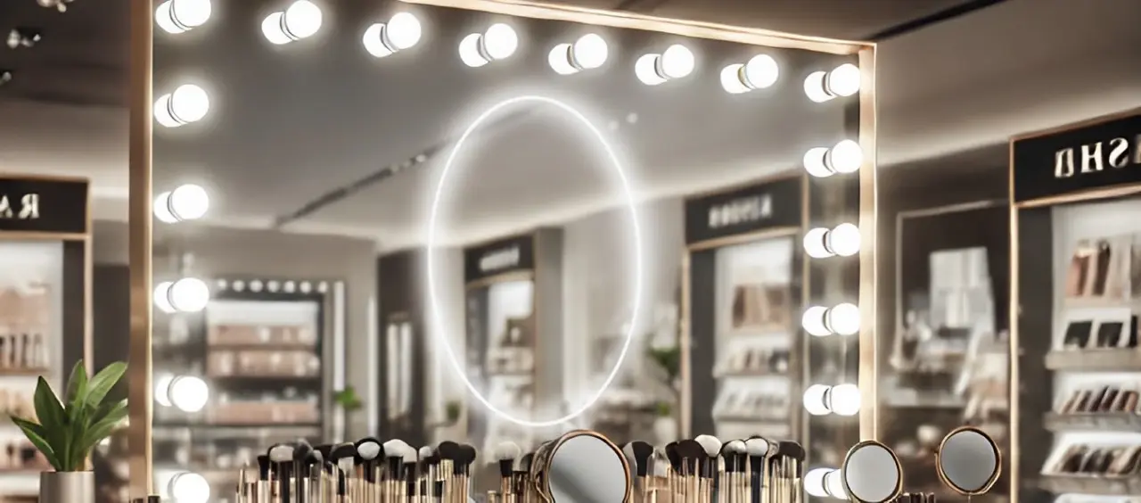 Lighted makeup mirror with bright lights around a clear reflective surface for enhanced beauty use.