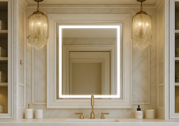Custom lighted mirror with marble frame in modern bathroom featuring marble walls, gold fixtures, and elegant lighting.