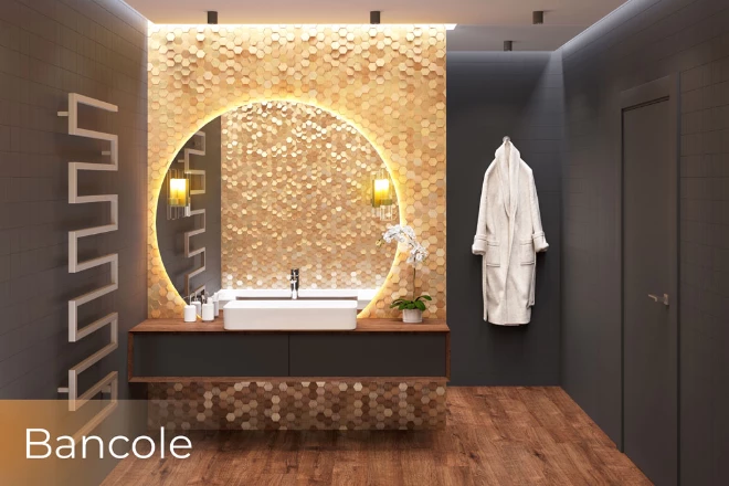 A bancole lamp in a circular backlit mirror is set on a golden mosaic wall above a basin.