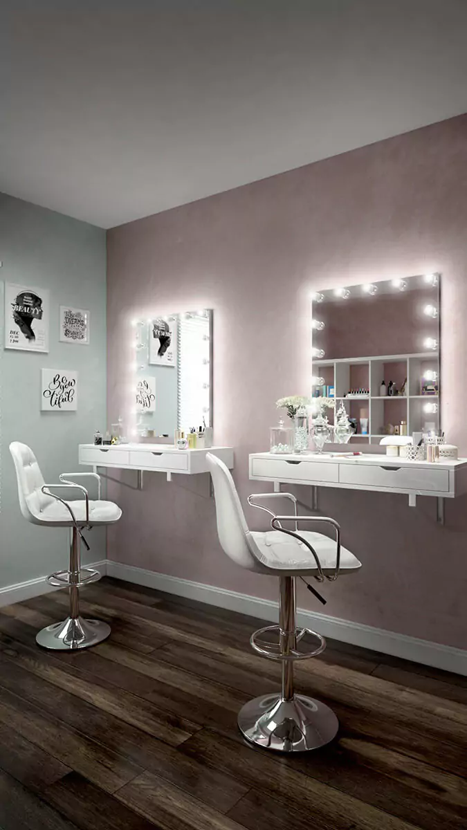 Two counter-bar white chairs with Hollywood mirrors set above a floating cabinet.