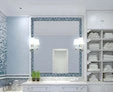 A bathroom with an elegant sink and a vigasio in a lighted mirror set on a blue mosaic wall.