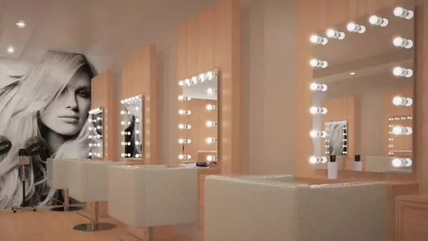 Lavish salon exuding grandeur, featuring elegant mirrors with gleaming lights, evoking a sense of luxury.