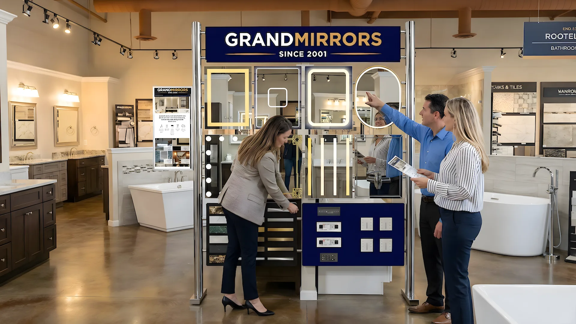A clean bathroom featuring a modern sink and a large mirror reflecting the bright, well-lit space.