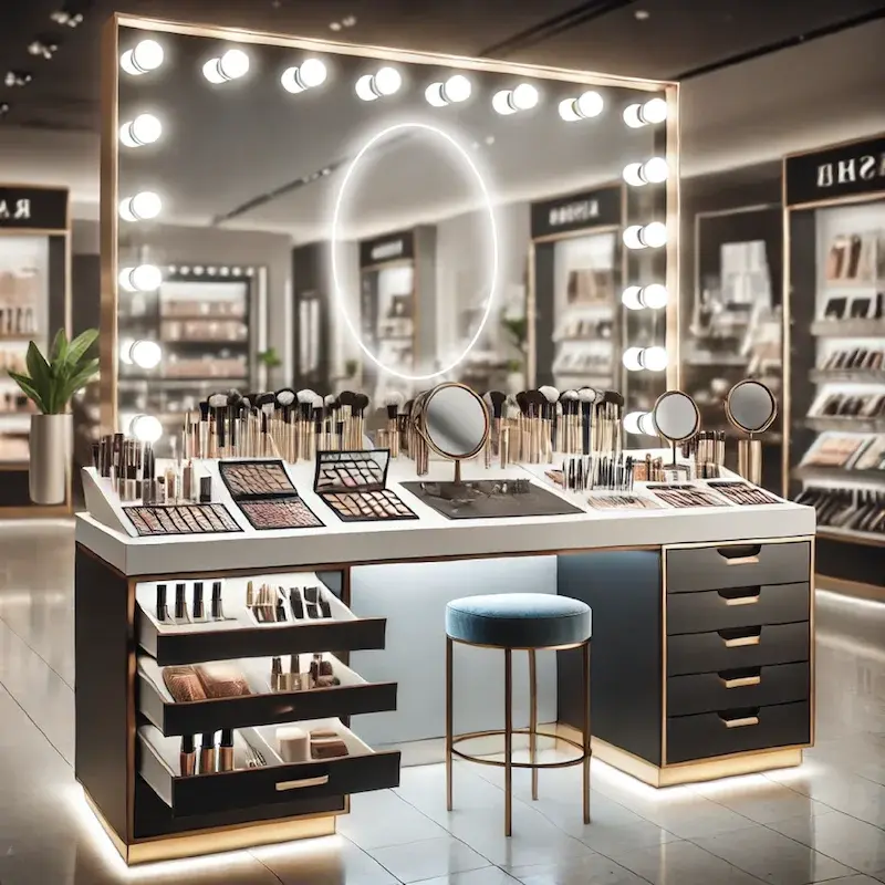 Well-lit makeup counter with multiple mirrors, showcasing beauty products display.