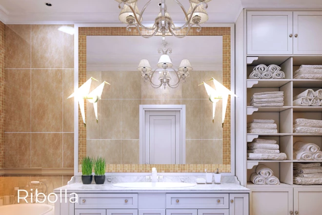 Versatile mirror with a ribolla lamp above a white single sink in a golden-wall bathroom.