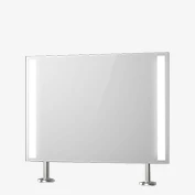 A countertop lighted mirror with a round-shaped stainless steel mount.