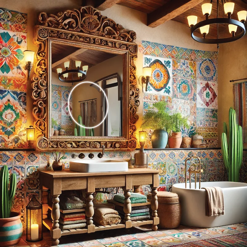 Vibrant bathroom with colorful tile walls and a lighted mirror reflecting the lively decor.