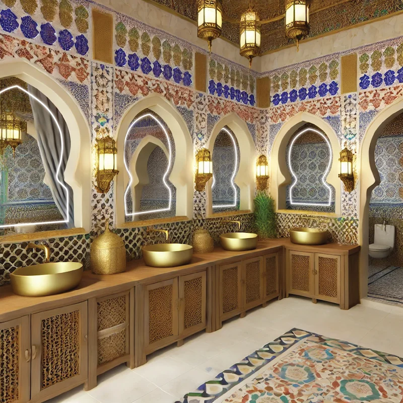 Luxurious bathroom with gold and blue tiles, complemented by stylish gold sinks and a lit mirror.