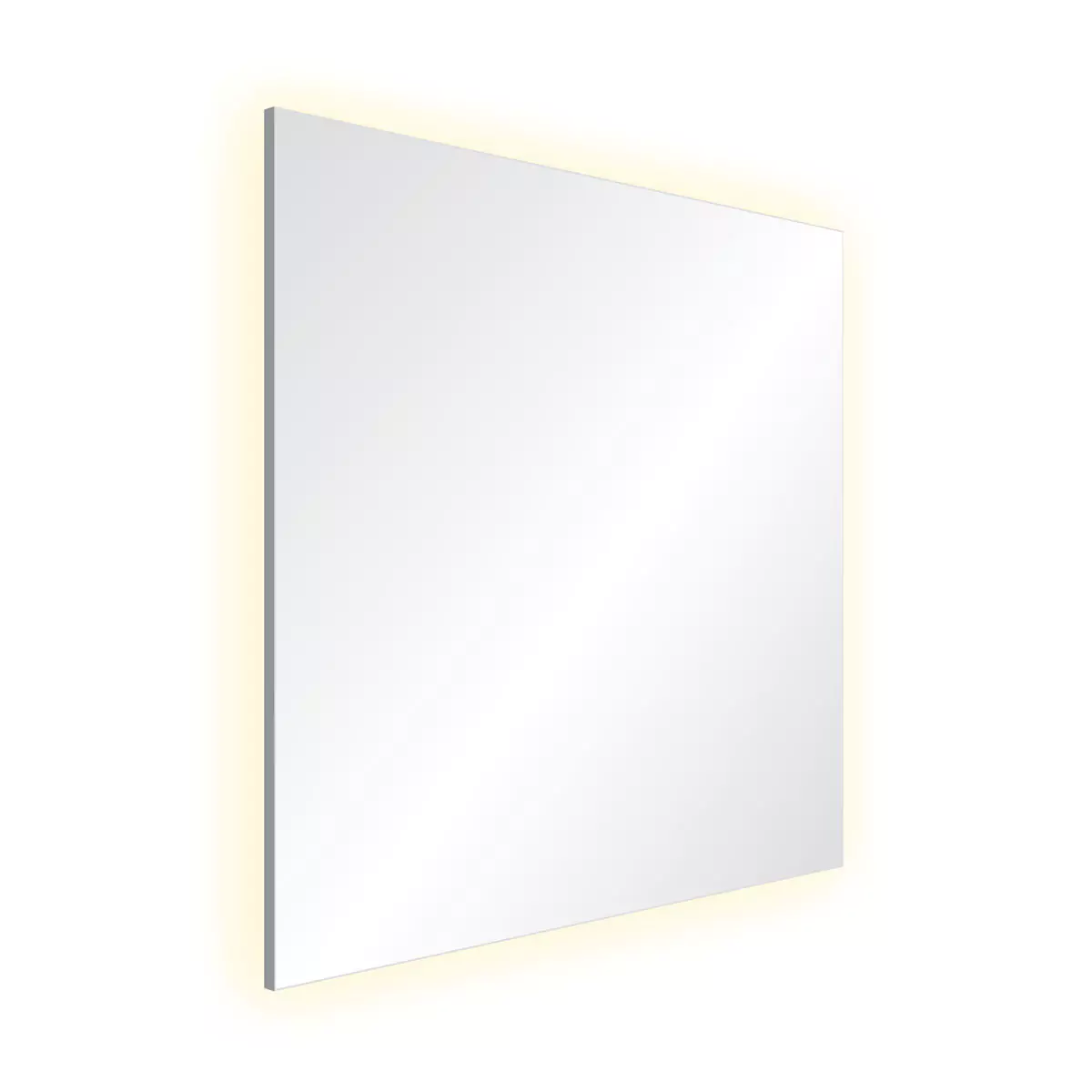 Square-shaped backlit mirror in a white space.