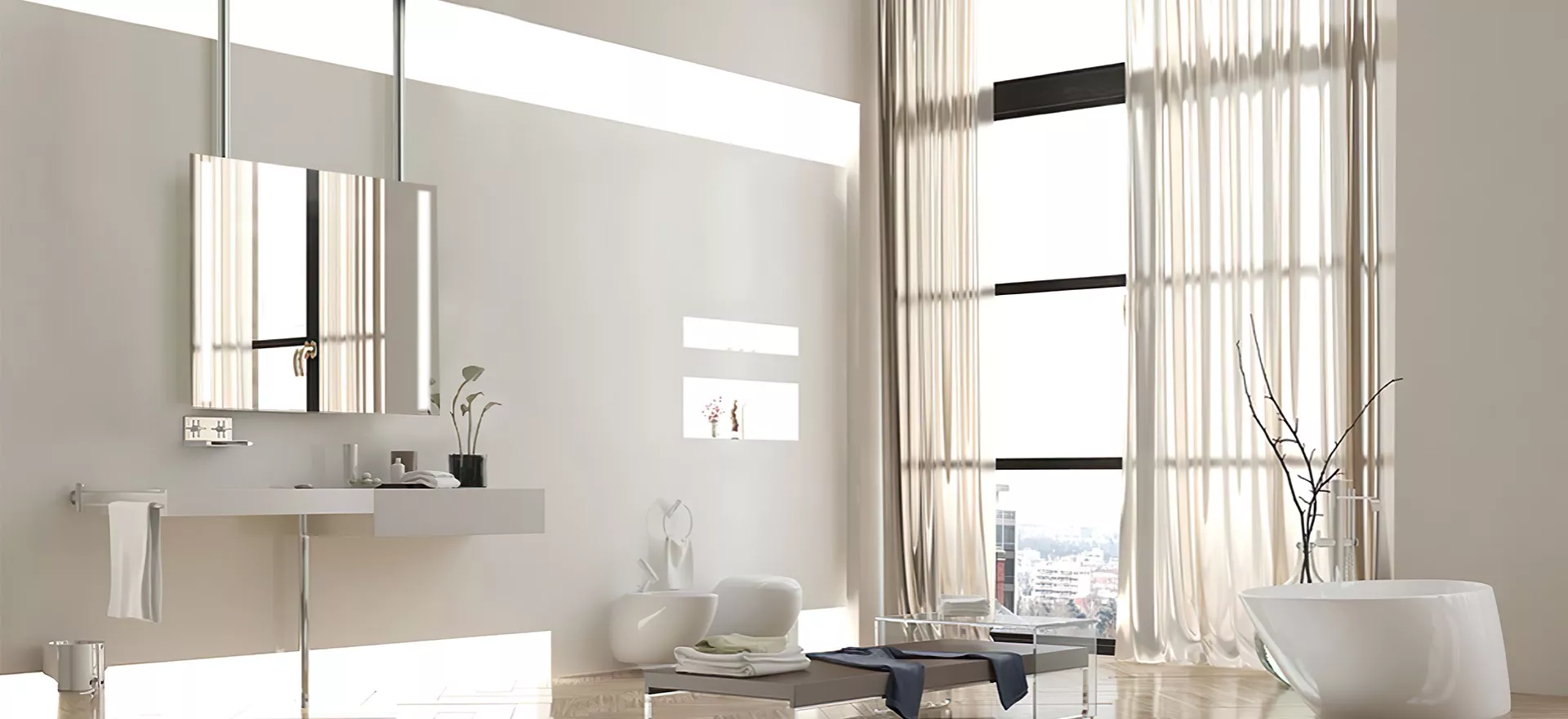 Minimalist bathroom with a stainless steel ceiling-mounted mirror and large glass window.