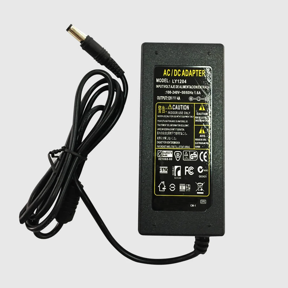 AC/DC power adapter with input and output ports with 12 volts and 4 amps of power.