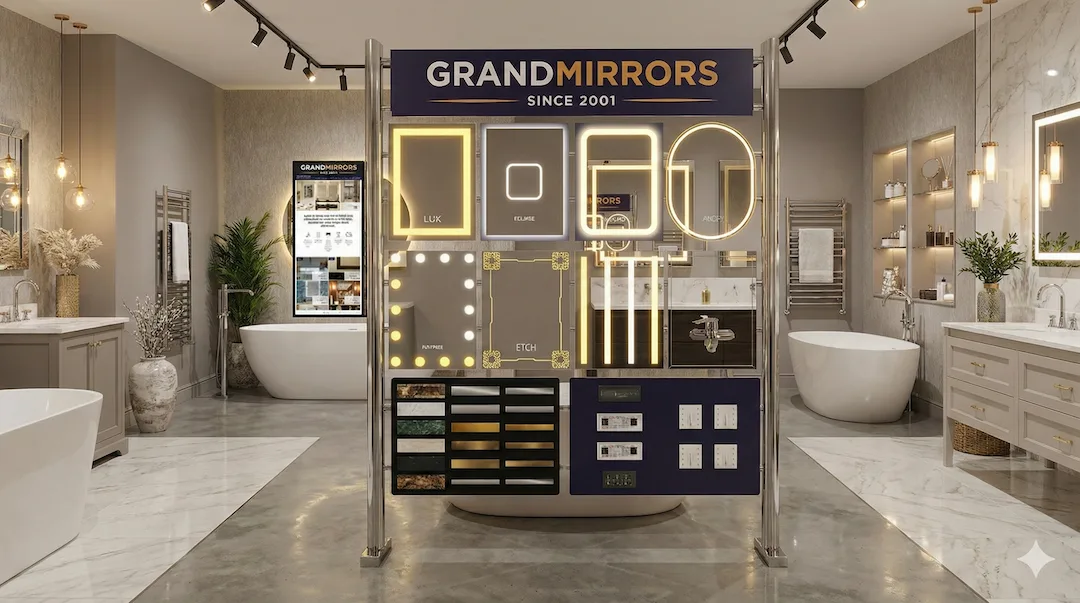 Mirror with light frame set into a wall made in ivory porcelain tiles.