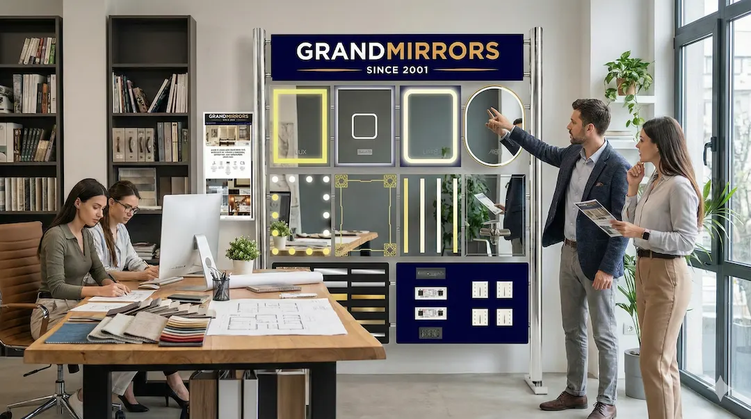 Two wall-mounted lighted mirrors in a washroom above its elegant sink.