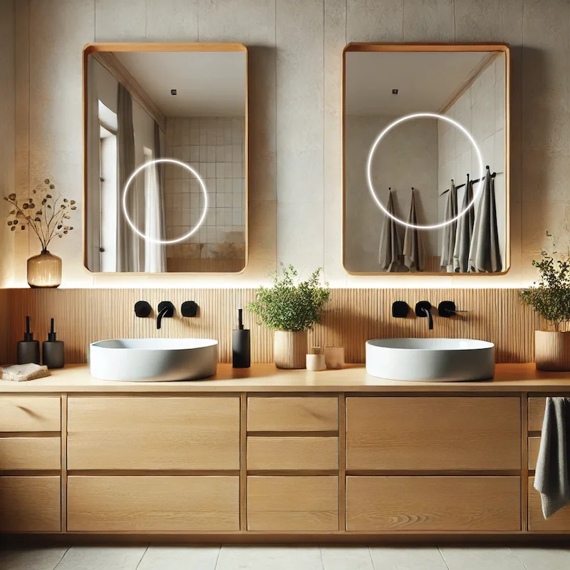 Bathroom with two sinks and mirrors, enhanced by wooden cabinets adding warmth and sophistication.