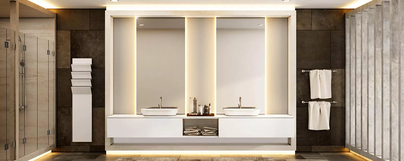 Two backlit Grand Mirrors installed in a spacious and aesthetic washroom sink.